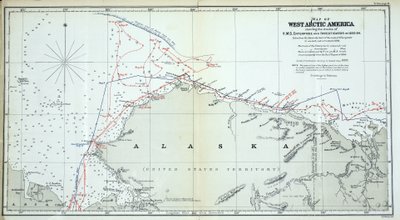1850-1854 में एचएमएस एंटरप्राइज एंड इंवेस्टिगेटर के ट्रैक को दिखाने वाले वेस्ट आर्कटिक अमेरिका का नक्शा द्वारा अंग्रेजी स्कूल