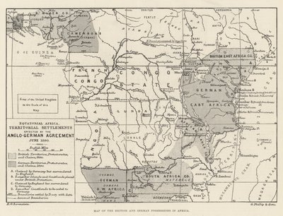 अफ्रीका में ब्रिटिश और जर्मन कब्जे का नक्शा (उत्कीर्णन) द्वारा अंग्रेजी स्कूल