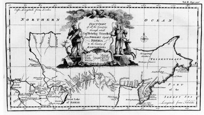 मार्ग का नक्शा वाइबर्स बेरिंग (1681-1741) ने साइबेरिया से कामचटका तक, नवजीतनियम अटेक इटिनेरिटियम बिब्लियोथेका से 1744 में प्रकाशित किया था। द्वारा English School
