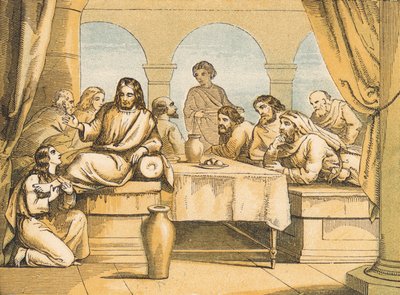 मरियम ने यीशु के चरणों का अभिषेक किया (रंगीन उत्कीर्णन) द्वारा अंग्रेजी स्कूल