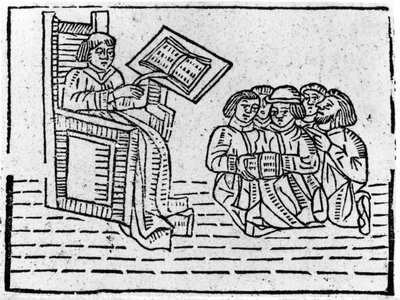 मास्टर और विद्यार्थियों, c.1481 (वुडकट) द्वारा अंग्रेजी स्कूल
