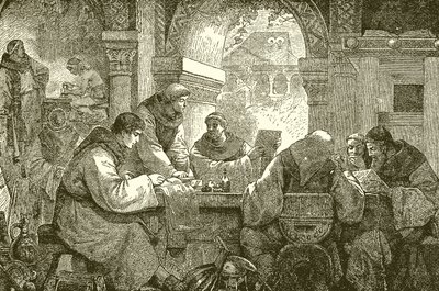 Mediaeval कल्चर - एक कॉन्वेंट इल्युमिनेटिंग और ट्रांसक्रिप्शनिंग बुक्स में भिक्षु द्वारा अंग्रेजी स्कूल