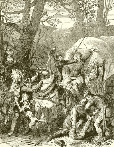Mediaeval सीमा शुल्क। एक व्यापारी कारवां पर हमला करने वाले रॉबर्स नाइट्स द्वारा अंग्रेजी स्कूल
