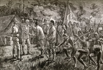मेहमत एमिन पाशा और गेटानो कासती 1889, 1890 में सर हेनरी मोर्टन स्टेनली के लेक अल्बर्ट झील के किनारे के शिविर में पहुँचे। द्वारा अंग्रेजी स्कूल