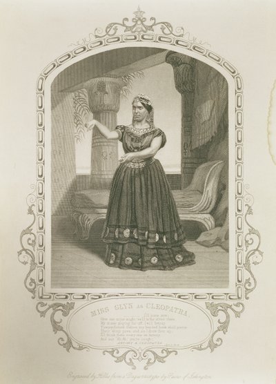 क्लियोपेट्रा के रूप में मिस गेलिन, विलियम शेक्सपियर (1564-1616) द्वारा एंटनी और क्लियोपेट्रा में क्लियोपेट्रा, अधिनियम II दृश्य 5, इंगलिंगटन के पाइन द्वारा एक डागरेरेोटाइप से जॉर्ज हॉलिस (1792-1842) द्वारा उत्कीर्ण द्वारा अंग्रेजी स्कूल