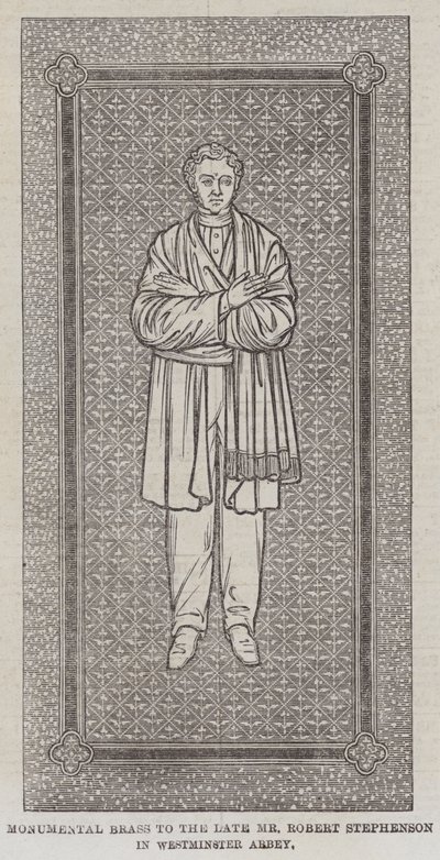 वेस्टमिंस्टर एब्बे में स्वर्गीय श्री रॉबर्ट स्टीफेंसन को स्मारक पीतल (उत्कीर्णन) द्वारा अंग्रेजी स्कूल