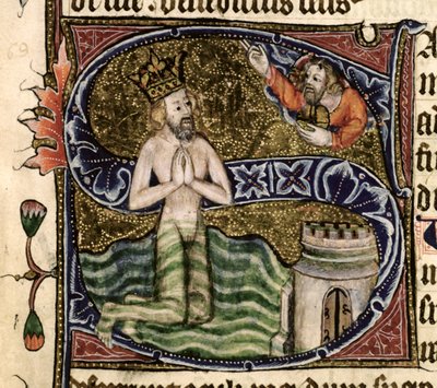 सुश्री 26 f.34r। भजन 68, डेविड डूबते हुए, रैमसे एबे Psalter से, c.1380 द्वारा अंग्रेजी स्कूल