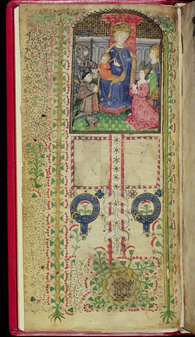 सुश्री ४१-१९ ५०, f.2v: मार्गरेट बेउचम्प से संबंधित घंटे की पुस्तक से समर्पण पृष्ठ, सी .१४२४ द्वारा अंग्रेजी स्कूल