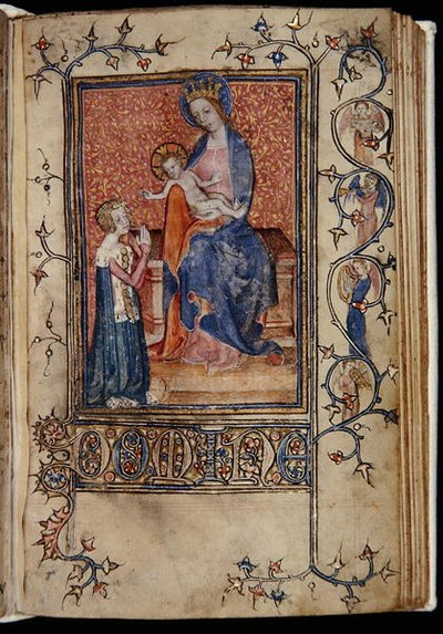 Ms 48, f.86r: पाण्डुलिपि का स्वामी वर्जिन एंड चाइल्ड के लिए प्रार्थना कर रहा है, कैरव-पोयन्ज़ ऑवर्स, यूज़ ऑफ़ सरुम से, c.1390-1400 (वेल्लम) द्वारा अंग्रेजी स्कूल