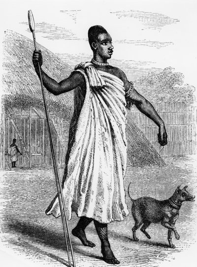 1863 में प्रकाशित, जॉन हैनिंग स्पेक द्वारा &39;द डिस्कवरी ऑफ द नाइल ऑफ द सोर्स ऑफ द नाइल&39; का चित्रण बुगंदा का म्यूटेसा I द्वारा अंग्रेजी स्कूल