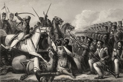 1857 में प्रकाशित &39;द हिस्ट्री ऑफ द इंडियन म्यूटिनी&39; से 1857 में मुथिनर घुड़सवार सेना ने कावपोर की लड़ाई में पैदल सेना के एक चौक पर हमला किया द्वारा अंग्रेजी स्कूल