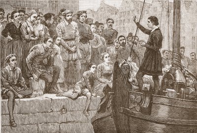 निकोलस ने स्कैल्ट पर एक नाव से भीड़ को उपदेश दिया, जेम्स एइटकेन वायली (1808-1890), पब द्वारा द हिस्ट्री ऑफ़ प्रोटेस्टेंटिज़्म का चित्रण 1878 द्वारा अंग्रेजी स्कूल
