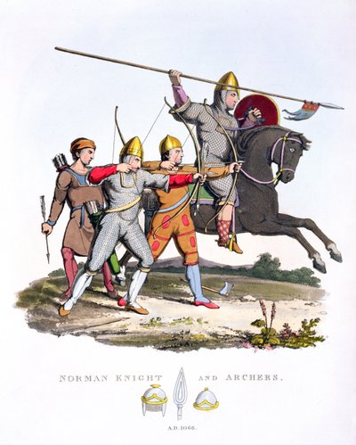 नॉर्मन नाइट और आर्चर, 1066, प्राचीन कवच से, सैमुअल रश मैरिक, 1824 द्वारा द्वारा अंग्रेजी स्कूल