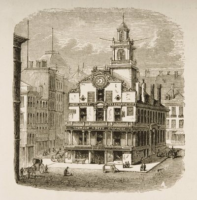 ओल्ड स्टेट हाउस, बोस्टन, c.1870 में, धार्मिक ट्रैक्ट सोसायटी द्वारा 1876 में प्रकाशित &39;अमेरिकन पिक्चर्स&39; से द्वारा अंग्रेजी स्कूल