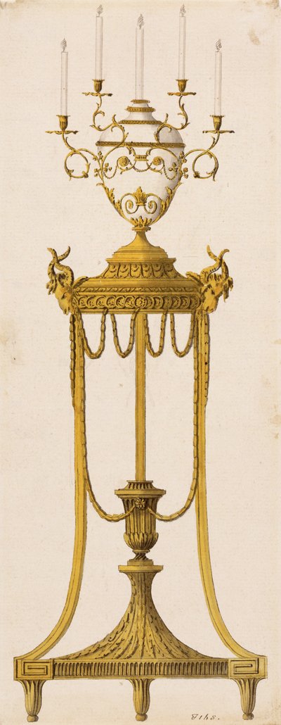 रॉबर्ट और जे एडम, 1773 द्वारा "वर्क्स इन आर्किटेक्चर" से मोमबत्तियों के लिए एक तिपाई और फूलदान के लिए मूल डिजाइन द्वारा अंग्रेजी स्कूल
