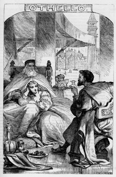 ओथेलो, वेनिस का मूर - "" में चित्रण "विलियम शेक्सपियर द्वारा पूर्ण"" 1866 - इस संस्करण के चित्र और सामान्य रूप लंदन में प्रकाशित कैसल के सचित्र शेक्सपियर से उधार लिए गए हैं द्वारा अंग्रेजी स्कूल