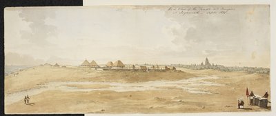 जगन्नाथ के महान मंदिर, पुरी (उड़ीसा) का पश्चिम से लिया गया चित्र, जिसमें समुद्र तट पर अग्रभूमि में यूरोपीय बंगले दिख रहे हैं, सितम्बर 1820 (कागज़ पर जल रंग) द्वारा अंग्रेजी स्कूल