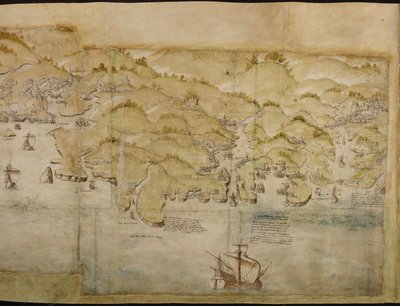 लैंड्स एंड से एक्समाउथ तक के तट के एक मनोरम मानचित्र का हिस्सा, लगभग 1539 (कागज़ पर कलम और स्याही से धुलाई) द्वारा अंग्रेजी स्कूल