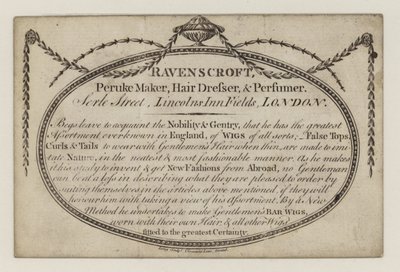 Peruke निर्माता, Ravenscroft, व्यापार कार्ड द्वारा अंग्रेजी स्कूल