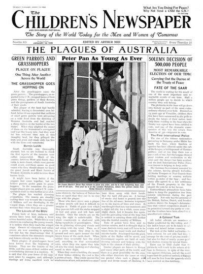 पीटर पैन यंग के रूप में यंग, &39;द चिल्ड्रन न्यूजपेपर&39; का फ्रंट पेज, जनवरी 1935 (न्यूज़प्रिंट) द्वारा अंग्रेजी स्कूल