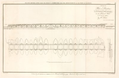 2 जुलाई 1799 को लंदन ब्रिज की योजना और ऊंचाई द्वारा अंग्रेजी स्कूल
