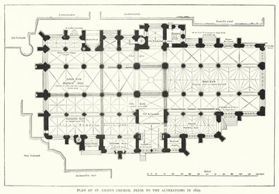 1829 में परिवर्तन से पहले सेंट जाइल्स चर्च की योजना (उत्कीर्णन) द्वारा अंग्रेजी स्कूल