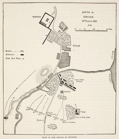 बिठूर की लड़ाई की योजना, 16 अगस्त 1857, इंग्लैंड के कैसल्स इलस्ट्रेटेड हिस्ट्री से द्वारा अंग्रेजी स्कूल