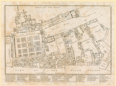 चार्ल्स द्वितीय के शासनकाल में ली गई व्हाइटहॉल के महल की योजना, 1680 द्वारा अंग्रेजी स्कूल