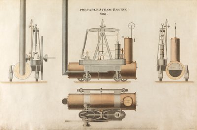 पोर्टेबल स्टीम इंजन, मड्सली, संस एंड फील्ड, 1828 द्वारा डिजाइन (कागज पर कलम और स्याही और wc) द्वारा अंग्रेजी स्कूल