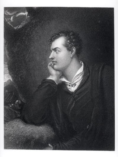जॉर्ज गॉर्डन का पोर्ट्रेट, रोचडेल के छठे लॉर्ड बायरन (1788-1824) (उत्कीर्णन) (बी/डब्ल्यू फोटो) द्वारा अंग्रेजी स्कूल
