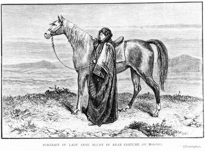 एक अरब घोड़े के साथ अरब पोशाक में लेडी ऐनी ब्लंट (1837-1917) का चित्र, उनकी पुस्तक ए पिलग्रिमेज टू नेजड, 1881 प्रकाशित द्वारा अंग्रेजी स्कूल