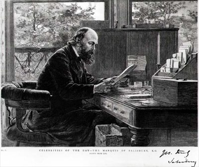 रॉबर्ट आर्थर टैलबोट गैसकोयने सेसिल (1830-1903) का पोर्ट्रेट, मार्क्विस ऑफ़ सैलिसबरी, ड्रॉन फ्रॉम लाइफ, 'सेलिब्रिटीज़ ऑफ़ द डे' को दर्शाने वाली एक श्रृंखला से द्वारा अंग्रेजी स्कूल