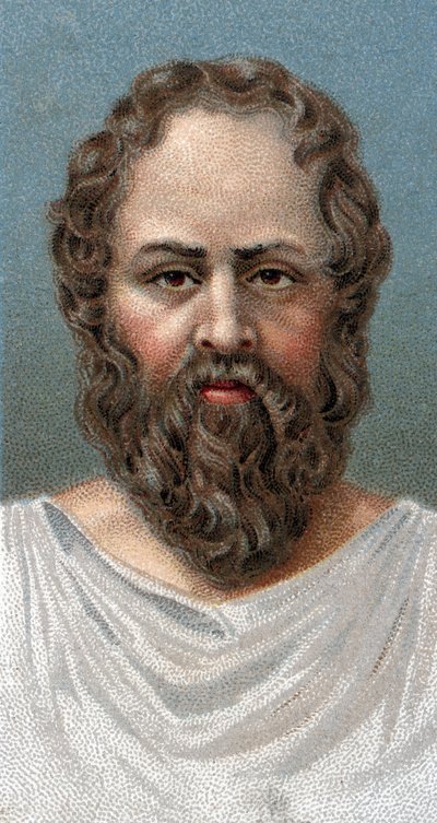 ग्रीक दार्शनिक सुकरात का चित्र (४६९-३९९ ईसा पूर्व) सुकरात - - श्रृंखला "" पुरुषों के नेता "" से - क्रोमोलिथोग्राफी - अंग्रेजी स्कूल, 20 वीं शताब्दी - द्वारा अंग्रेजी स्कूल