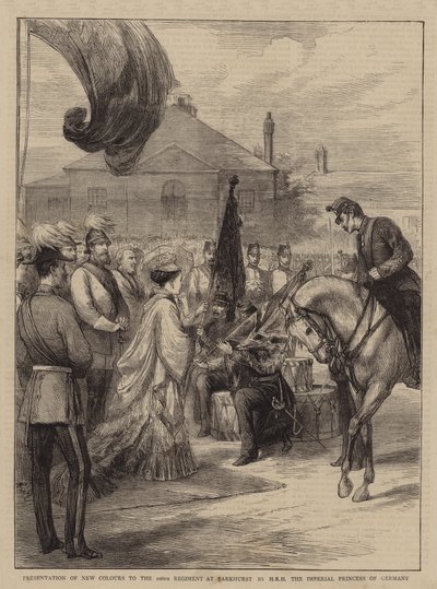 एचआरएच जर्मनी की शाही राजकुमारी (उत्कीर्णन) द्वारा पार्कहर्स्ट में 106 वीं रेजिमेंट के लिए नए रंगों की प्रस्तुति द्वारा अंग्रेजी स्कूल