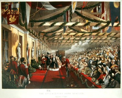 डेनमार्क की राजकुमारी एलेक्जेंड्रा 7 मार्च 1863 को द ब्रिकलेयर्स आर्म्स स्टेशन पर अपने भावी पति, प्रिंस ऑफ वेल्स के साथ लंदन पहुंची। 1863 (रंग लिथो) द्वारा अंग्रेजी स्कूल