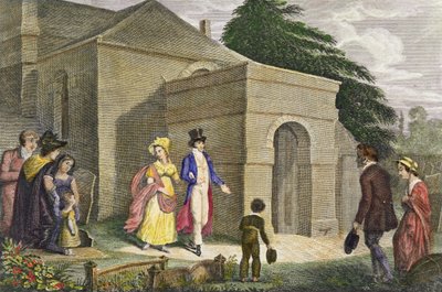 वेल्स की राजकुमारी शार्लोट ऑगस्टा (1796-1817) और सक्स कोबर्ग गोत्र (1790-1865) के राजकुमार लियोपोल्ड एशर चर्च जा रहे हैं द्वारा अंग्रेजी स्कूल