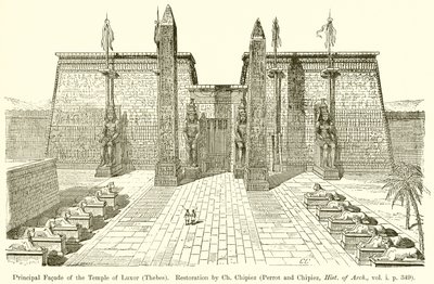 लक्सर (थेब्स) के मंदिर का प्रमुख पहलू। चौ। द्वारा बहाली। चिपिअज़ (पेरोट और चिपिज़, आर्क का।, वॉल्यूम। आईपी 349) द्वारा अंग्रेजी स्कूल