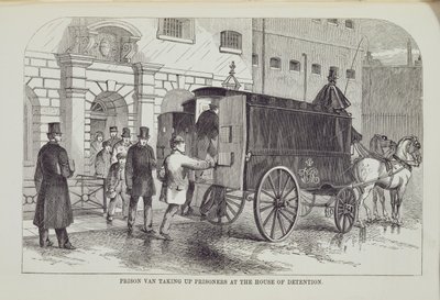 जेल वैन लंदन के आपराधिक जेलों और हेनरी मैय्यू (1812-87) द्वारा जेल जीवन के दृश्यों और जॉन बिन्नी, 1862 से हाउस ऑफ डिटेक्शन में कैदियों को ले जा रही है। द्वारा अंग्रेजी स्कूल
