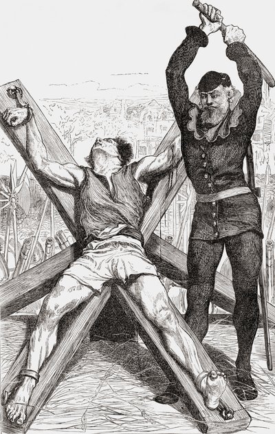 सेंट एंड्रयूज क्रॉस पर कैद किया जा रहा कैदी, c.1865 (लकड़ी की नक्काशी) द्वारा अंग्रेजी स्कूल