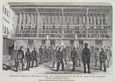 लंदन के द क्रिमिनल जेल्स एंड हेनरी मेय्यू (1812- 18) की जेलों की जेलों से, वैग्रांट्स जेल, कोल्डबाथ फील्ड्स के थ्री यार्ड में एक्सरसाइज करने वाले ट्रेड-व्हील और अन्य में काम करने वाले कैदी (1812-) द्वारा अंग्रेजी स्कूल