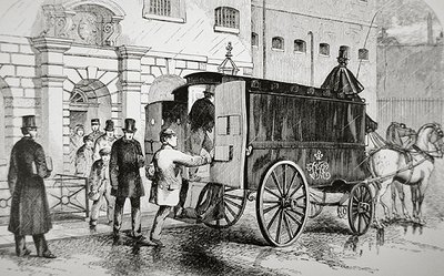कैदी 1870 के दशक में 'ब्लैक मारिया' के नाम से जानी जाने वाली एक पुलिस वैन में सवार होते हैं (उत्कीर्णन) द्वारा अंग्रेजी स्कूल