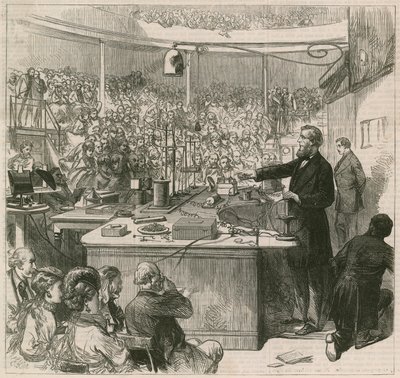 रॉयल इंस्टीट्यूशन, 1870 में प्रोफेसर टंडाल व्याख्यान देते हुए द्वारा अंग्रेजी स्कूल