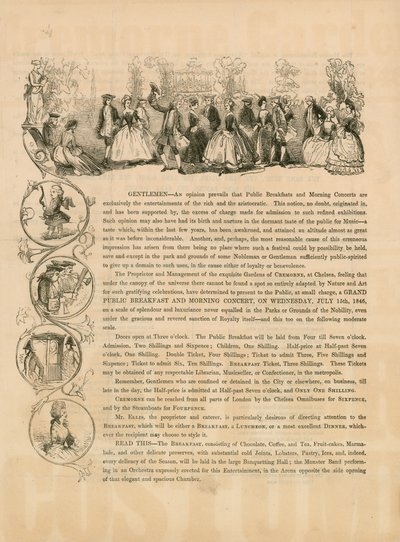 15 जुलाई 1846 को एक ग्रैंड पब्लिक ब्रेकफास्ट और मॉर्निंग कॉन्सर्ट के लिए प्रचार पत्रक द्वारा अंग्रेजी स्कूल