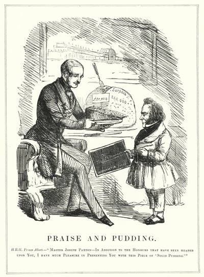 पंच कार्टून: स्तुति और हलवा: हाइड पार्क, लंदन (उत्कीर्णन) में 1851 की सफल महान प्रदर्शनी के लिए क्रिस्टल पैलेस को डिजाइन करने के लिए प्रिंस अल्बर्ट ने जोसेफ पैक्सटन को पुरस्कृत किया (उत्कीर्णन) द्वारा अंग्रेजी स्कूल