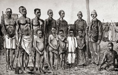अंग्रेजी अधिकारियों, सूडानी और ज़ांज़ीबारिस, 1890 (लकड़ी के उत्कीर्णन) की तुलना में पैगमी मूल निवासी द्वारा अंग्रेजी स्कूल