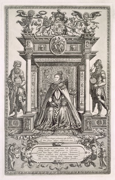 क्वीन एलिजाबेथ I (1533-1603) भूगोल और खगोल विज्ञान के संरक्षक के रूप में, इंग्लैंड के सैक्सन मैप्स की एक पुस्तक के सामने, 1579 द्वारा अंग्रेजी स्कूल