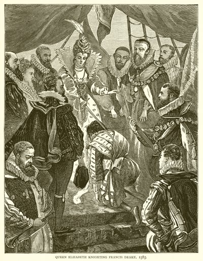 क्वीन एलिजाबेथ नाइटिंग फ्रांसिस ड्रेक, 1585 द्वारा अंग्रेजी स्कूल