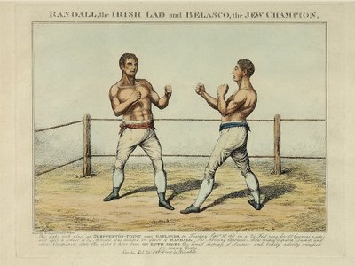 रैंडल, आयरिश बालक और बेलास्को, यहूदी चैंपियन, विलियम्स द्वारा उकेरा गया (रंगीन नक़्क़ाशी) द्वारा अंग्रेजी स्कूल