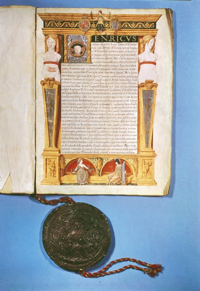 17 जुलाई 1546 को आर्देस की संधि के हेनरी अष्टम (1491-1547) द्वारा सत्यापन द्वारा अंग्रेजी स्कूल