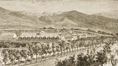 ब्रिघम यंग का निवास (1801-77) मॉरमन चर्च के दूसरे अध्यक्ष, साल्ट लेक सिटी, उटाह, &39;अमेरिकन पिक्चर्स&39; से, द धार्मिक ट्रैक्ट सोसाइटी द्वारा प्रकाशित, 1876 द्वारा अंग्रेजी स्कूल